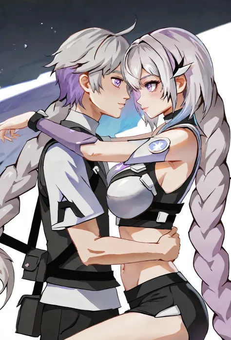yinji,1 Girl,1 Boy,Embrace,purple_hair,purple_Eye,Very_long_hair,grey_hair,Braided_Ponytail,Large target_breast,slope_hair,