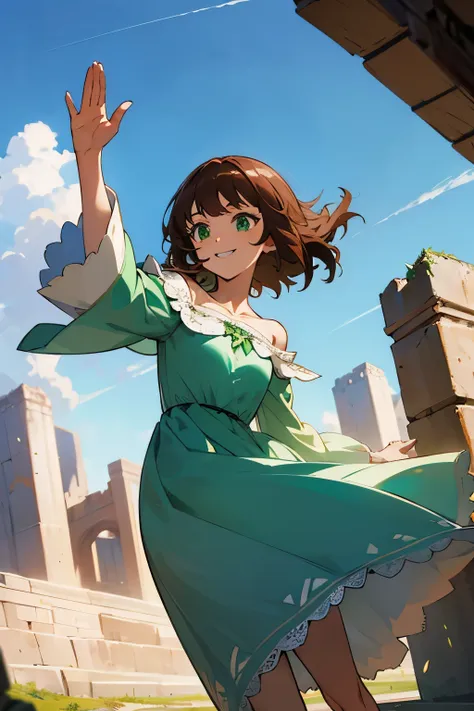 shoko sashinami, valvrave, 1 girl, brown hair, green eyes, fantasy world, ruins, fort, beautiful sky, shining sky, sunshine, smi...