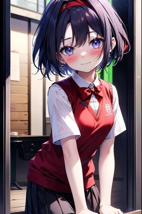 yuukikonno, Yuki Konno,Black Hair,short hair,Bob Hair ,Ahoge,Green headband,(Iris:1.5), (Small breasts:1.2), smile,break skirt, shirt, bow, ribbon, , white shirt, Short sleeve, Pleated skirt, collared shirt, mini skirt, bowtie, 茶色のloafers , Black Skirt, Bl...