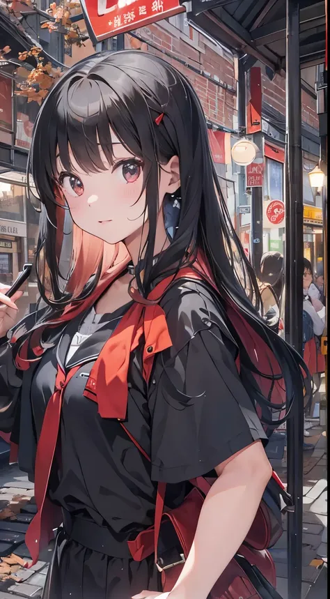 Black Hair、Red ribbon、high quality、student、friend、In town、Cafe、large crowd、uniform