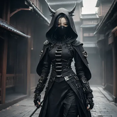 Arafed image of a person wearing black clothing and a mask, Very beautiful cyberpunk samurai, gothic - cyberpunk, Orthodox cyberpunk, Rococo Cyberpunk, ornamental gothic - cyberpunk, Gorgeous cosplay, occult cyberpunk, Mysterious Post-Apocalyptic Cyborg, S...