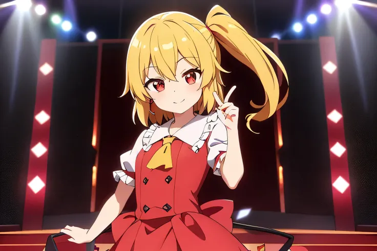 Anime Style、highest quality, One Girl, alone, （Flandre Scarlett staring at camera）、A rich expression、Portraiture、Beautiful Face、smile、((Short sleeve))、、Childish、Idol、Luxurious clothes、Cute clothes、On a gorgeous stage、Singing Now、standing、Illuminate、smile、