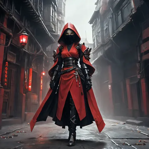 Arafed image of a person wearing scarlet clothing and a mask, Very beautiful cyberpunk samurai, gothic - cyberpunk, Orthodox cyberpunk, Rococo Cyberpunk, ornamental gothic - cyberpunk, Gorgeous cosplay, occult cyberpunk, Mysterious Post-Apocalyptic Cyborg,...