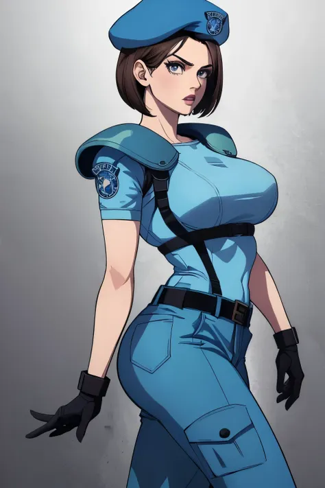 jill valentine, masterpiece, best quality, 1girl, solo, standing, jillre1, beret, uniform, shoulder pads, short sleeves, harness...