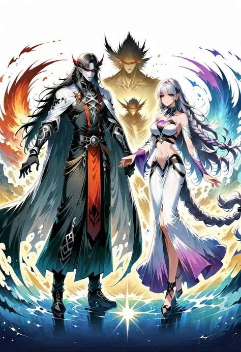 Character concept design,,Death Demon,Dragon Island, Double braid girl,Perfect hands：1.37),The artwork should transition from a pencil drawing style in 黑色的 and white on the left half to vibrant colors on the right half, Ensure seamless integration of the t...