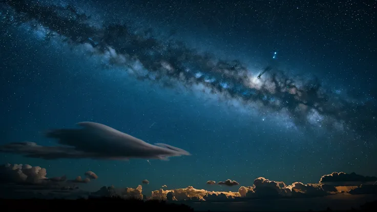 Starry Sky,Light clouds,The horizon is slightly curved,Wide sky,Moon far away,Many Stars,Deep Blue,Space,nebula
