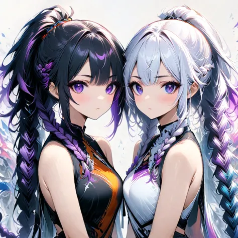 (masterpiece, best quality:1.2), Double braid girl，Purple and white gradient double braid long ponytail.cool.personality.brave,(White background:1.2)，whole body，The artwork should transition from a pencil drawing style in 黑色的 and white on the left half to ...