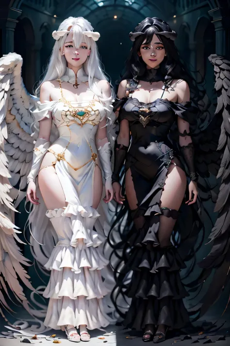 (masterpiece:1.3),(best quality:1.2),8k,absurdres,unity 8k wallpapper,(extremely detailed:1.3),highestres,
1girl, ,heterochromia, white hair, black hair, split theme, angel,devil,wings,(((Full Body))) Perfect face, perfect eyses, smile