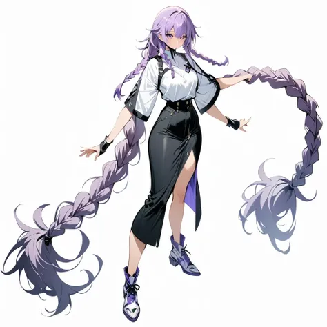 (masterpiece, best quality:1.2), Double braid girl，Purple and white gradient double braid long ponytail.cool.personality.brave,(White background:1.2)，whole body