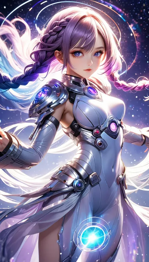 best quality, super fine, 16k, incredibly absurdres, extremely detailed, delicate and dynamic, a cool and beautiful pretty female cyber warrior who fights with a gigantic beautiful transparent and translucent shining goddess, her hair gradating from white ...