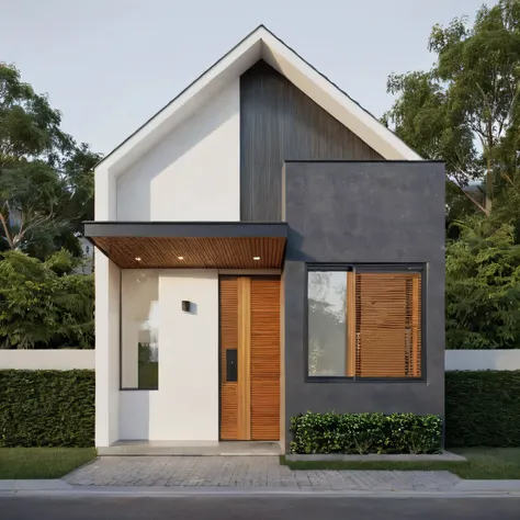 a view of a modern home with a large front yard, main material by white wall and stone and wood, 1 road runs in front of the house, (RAW photo, real, best quality, masterpiece:1.2), look morden minimalist, 1 road in front of the house, shime ring light, li...