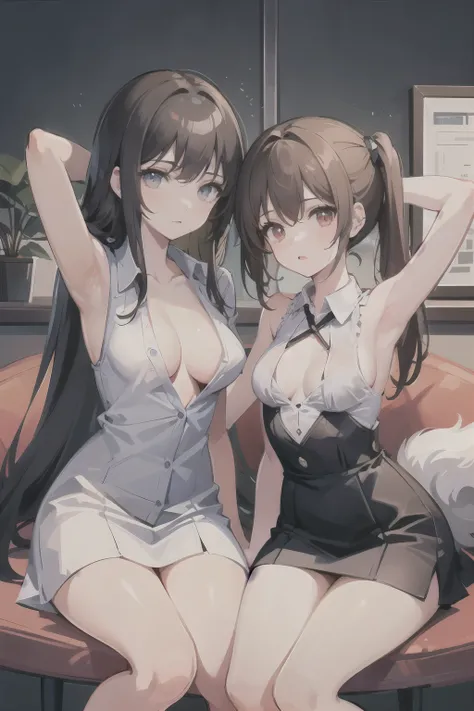 multiple girls side by side, office girls, hands behind head, showing detailed armpits, pleading, legs spread, small breasts, unbuttoned shirt, small cleavage, black hair and brunettes,  mix of pony tail and wolf cut hair