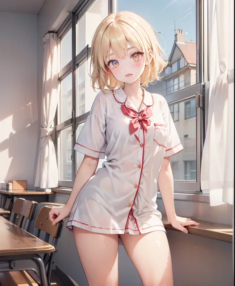 Dynamic posing, dynamic angle, Arrange pose,Top quality work，Show Legs，((short wavy Creamy Golden Blonde hair)),(Creamy Blonde hair),(short hair),(wavy hair),(golden eyes), ( 16 years old), lovely red lips, Rose cheeks, Pretty Face, A perfectly proportione...