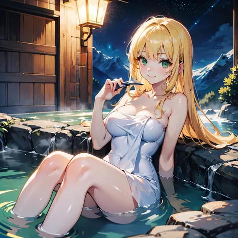 Anime Moe Art Style,highest quality,High resolution,Anatomically correct,One Woman,Twenty years old,Blonde,Super long hair,Upstyle Hair,Green Eyes,Super detailed,Fantasy Style,Medium sized breasts,smile,night,In the mountains,Taking a bath in a hot spring,...