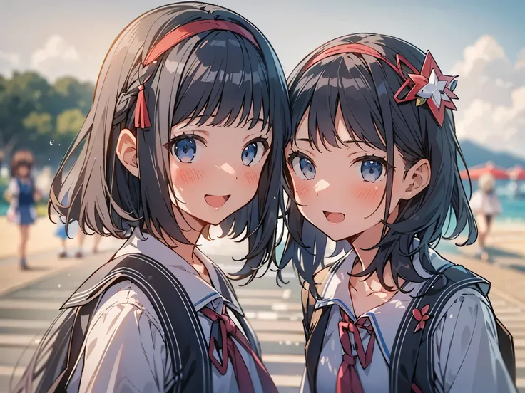 summer sky, japan, shonan coast, (enoshima), two female students, (pose for the camera), black hair, hairpin, cheek pull, anime,...