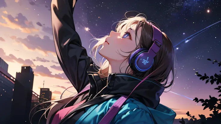 A girl wearing headphones、Looking up at the night sky with the vast purple-blue Milky Way galaxy visible beyond the horizon。.. Shots from a distance. Cinematic. Wide-angle. 4K.