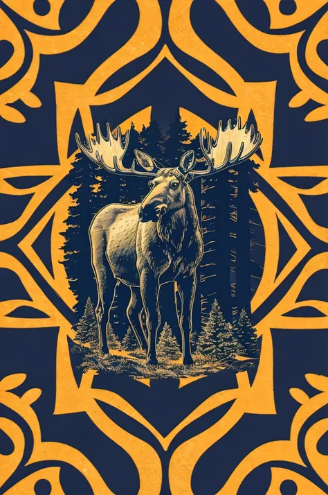 A stunning, high-quality illustration of a moose standing majestically in a Swedish forest. The moose is surrounded by traditional Swedish kurbit patterns, which serve as a beautiful frame around the image. The overall aesthetic is a unique blend of pop ar...