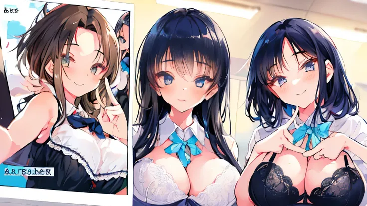 (masterpeace, high quality), (multiple girls) , 3 girls ,group selfie,  classroom,  ( school lingerie:1.2), low angle, wide angl...