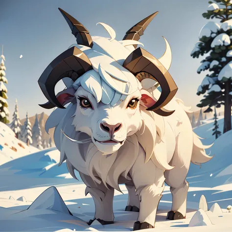(White Mountain Goat)、(highest quality、High resolution)、(Portrait、wild animals)、(Detailed fur、Sharp focus、Real)、(Bright lighting)、(Bright colors)、(Snow Background)、(Majestic、 Confident pose)