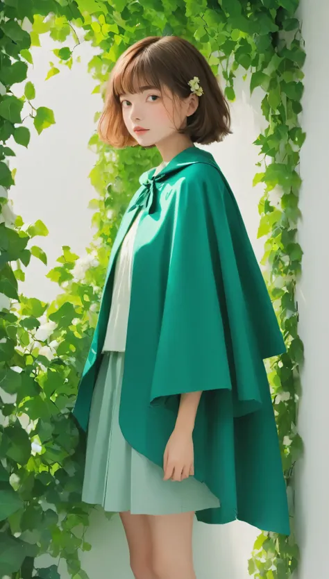 A woman standing in front of a white wall with a bouquet of flowers, short hair, LOFI Girl, Ivy, wearing blue-Green clothes, With flowers, Low quality photos, with cape, Green clothes, photo shoot, Smooth input _ With background, LOFI Girlのaesthetics, 🤤 Po...