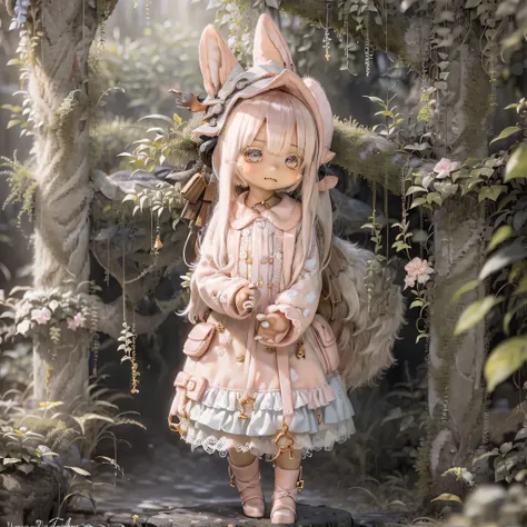 in the garden, smiling girl, similar to nanachi from made in abyss. she is beautiful, beautiful eyes and lips. girl (((chibi sty...