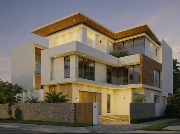 a view of a modern home with a large front yard, main material by white wall and stone and wood, 1 road runs in front of the house, (RAW photo, real, best quality, masterpiece:1.2), look morden minimalist, 1 road in front of the house, shime ring light, li...