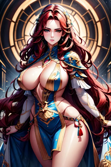 An ultra-detailed illustration of a fair-skinned woman with red hair, brown eyes, and a model-like physique, big . She is wearing elegant, fantasy-style clothing, such as an intricately designed dress or armor with elaborate details. She has a tribal tatto...