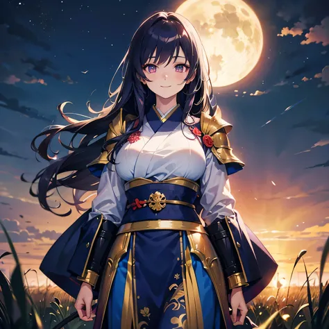 Anime Moe Art Style,highest quality,High resolution,Anatomically correct,One Woman,25 years old,Dark purple hair,Golden Eyes,Super detailed,Wavy Long Hair,Fantasy Style,witch,Japanese clothing,Simple armor,Big Breasts,Cold Smile,Night Grassland,8K