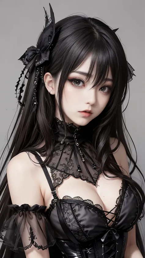 Female figure, She wears intricate Visual Kei Gothic Lolita outfits.,Gothic Makeup, The perfect blend of elegance and rebelliousness. His outfit features a gorgeous lace combination.., corset, Elaborate accessories, A Victorian top hat adorns his head.., O...