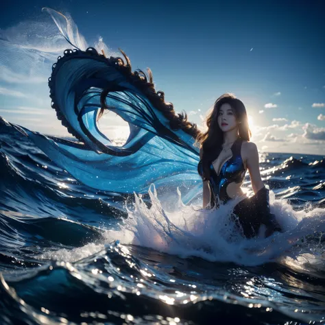 (8k RAW Photo, high detail, crisp detail, rich detail), vonzy, vonnyfelicia, blue haired, young sea goddess, creating big tidal wave in the middle of ocean, big breast, sexy golden armor,giant octopus behind,kraken,tidal wave background