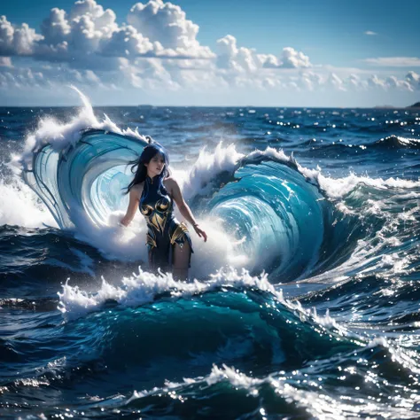 (8k raw photo, high detail, crisp detail, rich detail), vonzy, vonnyfelicia, blue haired, young sea goddess, splitting sea, crea...