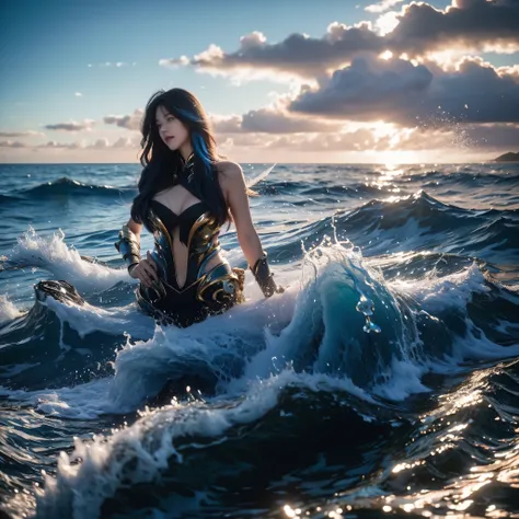 (8k raw photo, high detail, crisp detail, rich detail), vonzy, vonnyfelicia, blue haired, young sea goddess, splitting sea, crea...