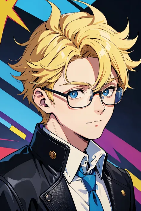 Teenage Male, Blonde Spike Hair, Blue Eye, TV Glasses, Black Jacket Student Outfit, 80s Retro World Theme Background, Happy Emotion mood, Anime, Masterpiece.