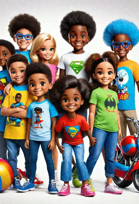 four black children between 10 and 12 years old, sendo 2 meninos e uma ,  com tshirts brancas sorridentes , with lots of toys at...