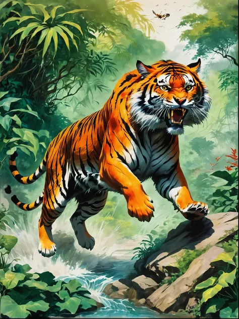 a large, powerful bengal tiger with vibrant orange and black stripes shown mid-leap with claws extended and teeth bared, the tig...