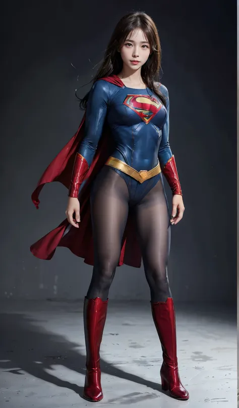 No background、(((Beautiful legs in black tights.)))、(((Legally express the beauty of your smile)))、((((Make the most of your original images)))、(((Supergirl Costume)))、(((Beautiful Hair)))、(((suffering)))、(((Please wear black tights....、Wear red boots)))、(...