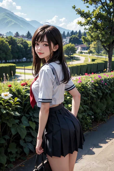 very cute and beautiful girl,(highly detailed beautiful face and eyes), (smile:1.25),looking at viewer,black hair,sailor ,short sleeve,(pleated navyblue mini skirt),standing,arms behind back, countryside,flower garden,hilltop,distant ocean background, (bes...