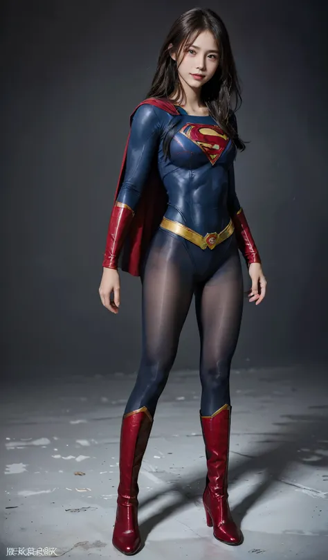 No background、(((Beautiful legs in black tights.)))、(((Legally express the beauty of your smile)))、((((Make the most of your original images)))、(((Supergirl Costume)))、(((Beautiful Hair)))、(((suffering)))、(((Please wear black tights....、Wear red boots)))、(...