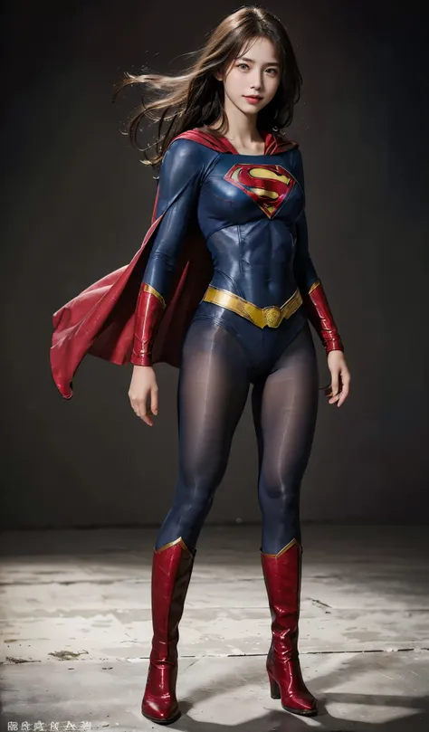 No background、(((Beautiful legs in black tights.)))、(((Legally express the beauty of your smile)))、((((Make the most of your original images)))、(((Supergirl Costume)))、(((Beautiful Hair)))、(((suffering)))、(((Please wear black tights....、Wear red boots)))、(...