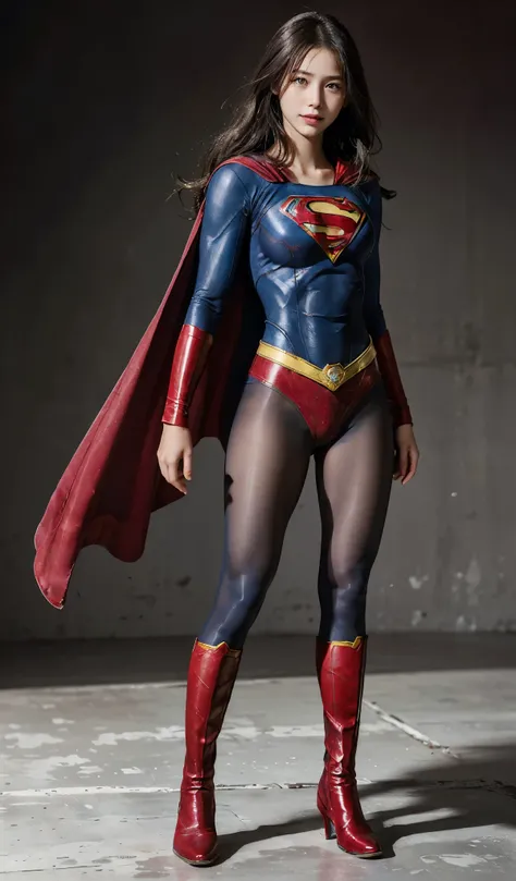 No background、(((Beautiful legs in black tights.)))、(((Legally express the beauty of your smile)))、((((Make the most of your original images)))、(((Supergirl Costume)))、(((Beautiful Hair)))、(((suffering)))、(((Please wear black tights....、Wear red boots)))、(...