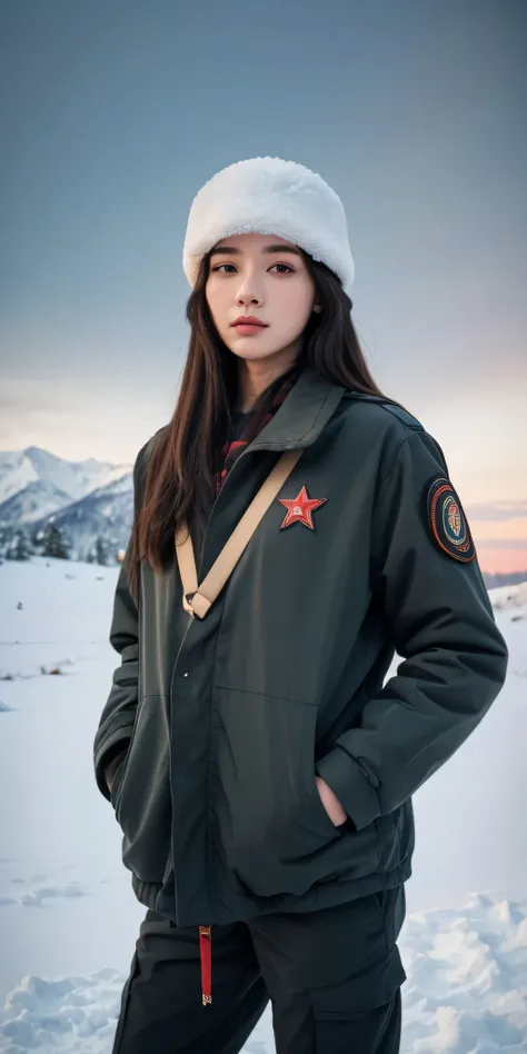 ((best quality)), ((masterpiece)), (detailed), perfect face, beautiful female, tall body, black hair, long hair, winter military uniform, thick winter combat suit, ushanka, ushanka with a red star in the middle, standing in the middle of a snowy mountain, ...