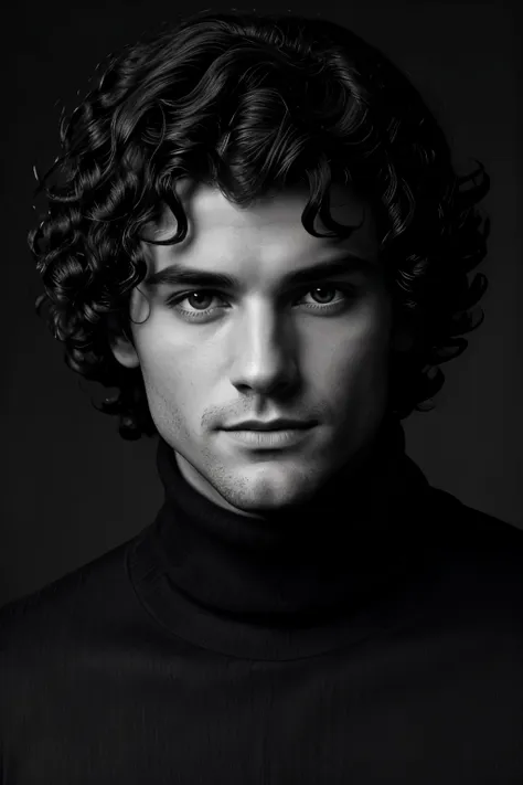 photo-bw, man, human-likeness, photomodel, black hair, curly hair, black turtleneck sweater, grey  background
portrait-medium sh...