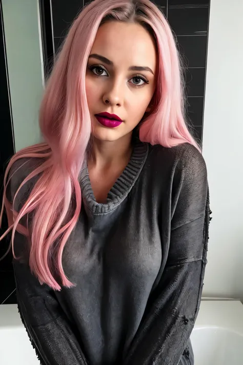 a woman with pink hair and a black sweater posing for a picture