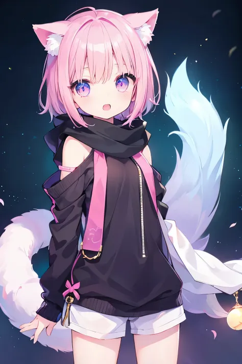 Very beautiful and Shining Eyes、Shining Eyes、1 girl、Small breasts、Big Mouth、high school girl、Small breasts、Cat ear、Transparent pink short hair、scarf、hot pants、Transparent clothes、Childish clothes、7-year-old girl