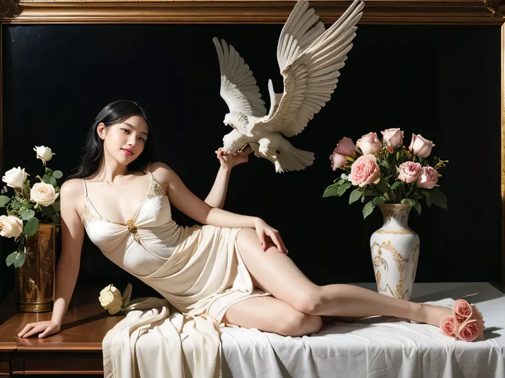 White winged female angel.full body portrait or statue、Sandro Botticelli painting style,Arguments of two female Philosophe,math、astronomical machine、astronaut、roses in vase、fruits、Cute trinkets、smile、ancient greek costume、Ancient Roman landscape in the sty...