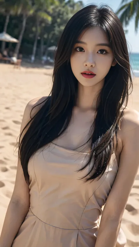 A perfect young female，Chinese，High picture quality，Works of masters，Black hair，Long hair flowing over the shoulders，Beach wave hairstyle，cropped shoulders，clavicle，exquisite face，Hydrated red lips，Real Human，CG rendering，16k，，Close-up shot