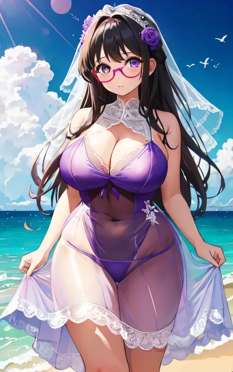 A 6-year-old girl with big breasts, a plump body, round, wearing a purple wedding dress, a lace bikini, a lace cut-out, on the beach, glasses, and a thin tulle