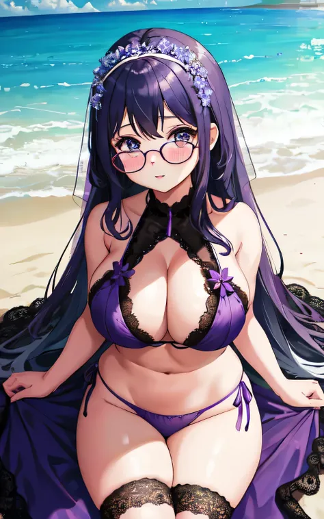 A 6-year-old girl with big breasts, a plump body, round, wearing a purple wedding dress, a lace bikini, a lace cut-out, on the beach, glasses, and a thin tulle