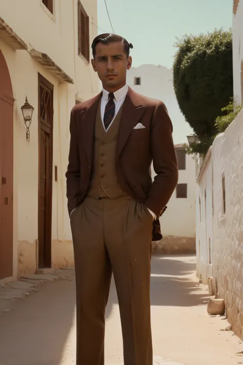 Tetouan, 1937. A young ((((35-year-old)) Marcus Logan)), englishman, tall, ((((clothings from the 1930s)))), ((messy chestnut hairstyle of the 1930s)), (colorful)