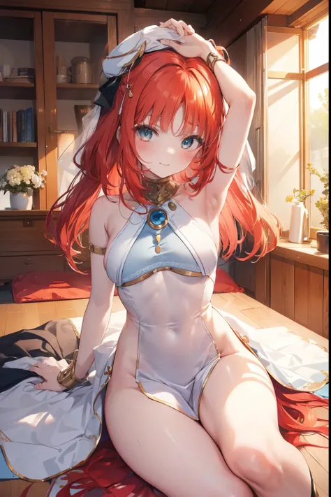 Niiro、blush,smile、Red hair、Usual clothes、Combat Uniform、Show me your armpits、Shoulder Bare、The clavicle is visible、Sexy thighs、Beautiful feet、Usual hairstyle、highest quality, High resolution, unity 8k wallpaper, (shape:0.8), (Beautiful and beautiful eyes:1...